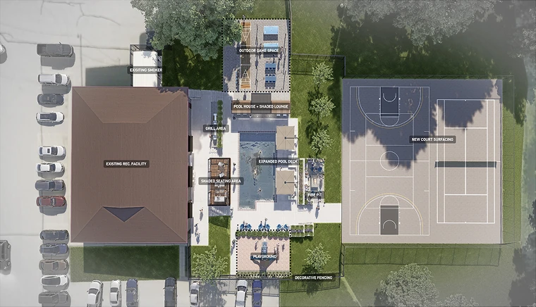 Aerial map view of PARC facility showing new pool deck and court